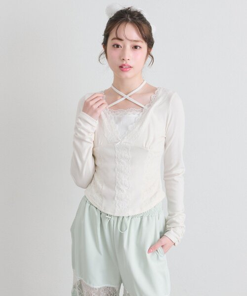 レーストリムプリーツトップス OLIVE des OLIVE（オリーブデオリーブ） tシャツ レーストリムトップス