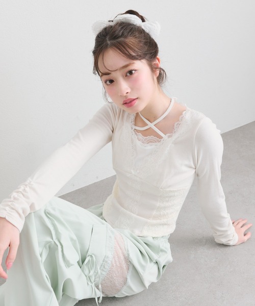 OLIVE des OLIVE（オリーブデオリーブ） tシャツ レーストリムトップス