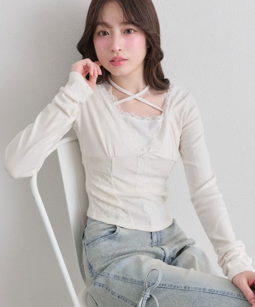 OLIVE des OLIVE（オリーブデオリーブ） tシャツ レーストリムトップス