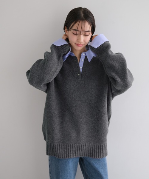 「evernavy」 長袖ニット M グレー×サックスブルー レディース_画像5