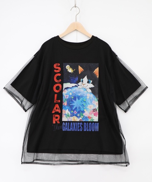 ScoLar（スカラー） tシャツ 162620：ネコ宇宙柄 チュール重ねTシャツ