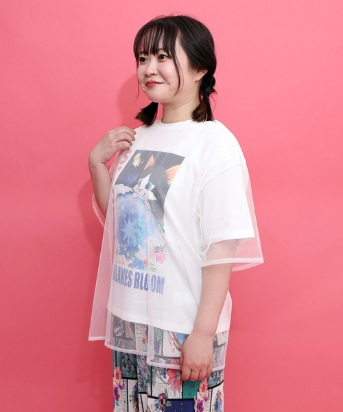 チュールカラーロングTシャツ ScoLar（スカラー） tシャツ 半袖 162620：ネコ宇宙柄 チュール重ねT