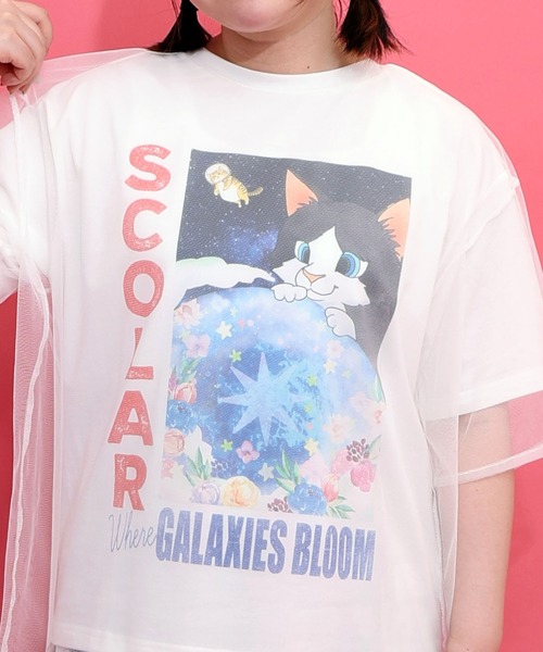 ScoLar（スカラー） tシャツ 162620：ネコ宇宙柄 チュール重ねTシャツ