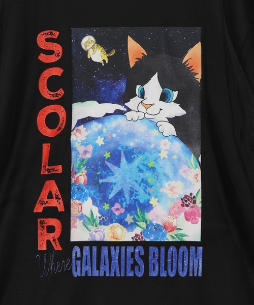ScoLar（スカラー） tシャツ 162620：ネコ宇宙柄 チュール重ねTシャツ
