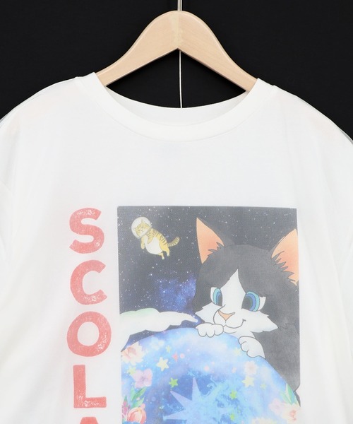 ScoLar（スカラー） tシャツ 162620：ネコ宇宙柄 チュール重ねTシャツ