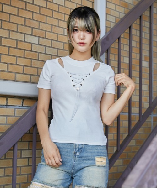 GOA Tシャツ カットソー Y2K tシャツ 半袖 「レースアップ×肩アキデザイン」カットソー／Y2K×韓国風