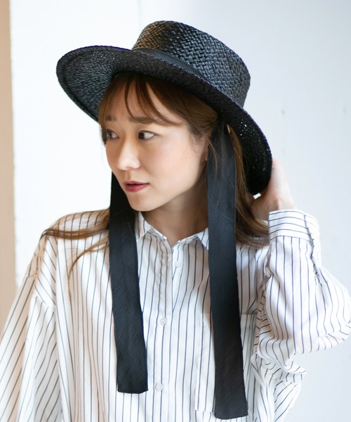 【新品】Wica Grocery カンカン帽子 ブラック・ベージュリボン付 14+ 帽子 ハット ラフィアシートリボン付きカンカン帽