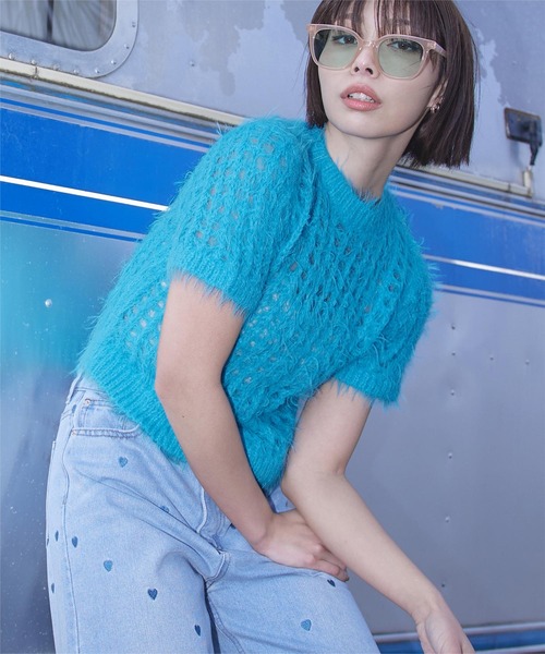 miette tシャツ メッシュ編みシャギー半袖トップス レディース