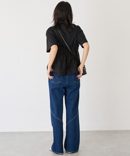 デニムパンツ 韓国 レトロ ステッチカラー デニムパンツ LAVEANGE ジーンズ デニム デニムパンツ ステッチ配色切替デニム