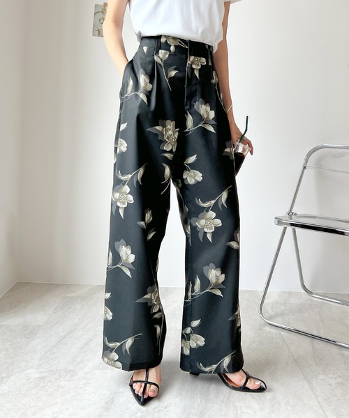 Futier Land パンツ 花柄タックワイドパンツ レディース