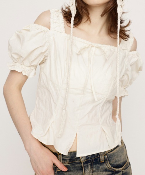 ブラウス シャツ SHOULDER OPEN SQ PUFF TOPS ショルダー オープン スクエア パフ トップス レディース