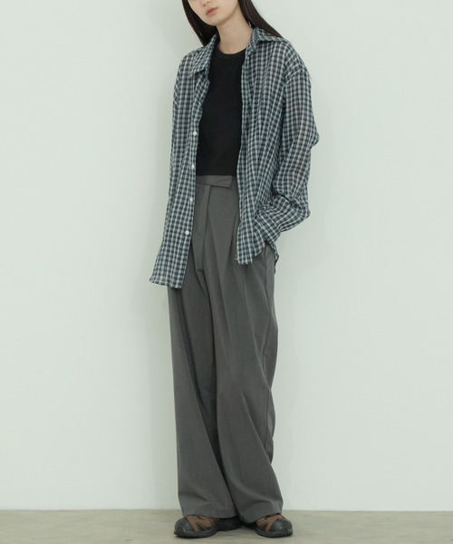 長袖 チェックシャツ ルーズシルエット ユニセックス 韓国 HEILIS ブラウス シャツ チェック柄シアールーズシャツ / シアー