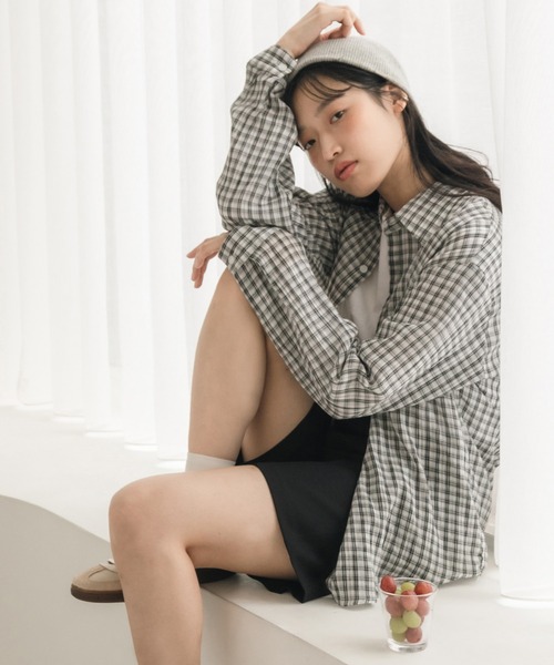 【いちご】UNTITLED 半袖ブラウス　黒　チェック　シースルー　シルク セール】【華やか／夏ブラウス】半袖フリルブラウス（シャツ