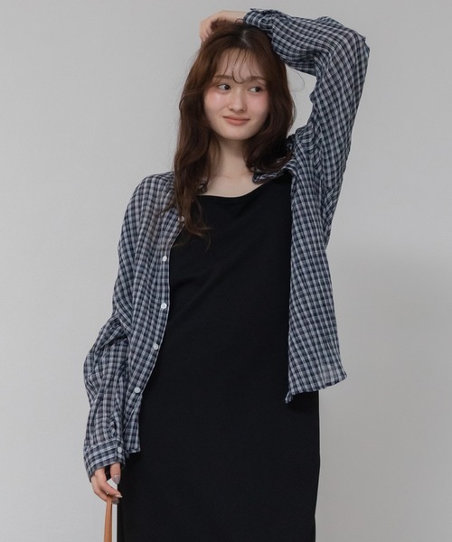 人気 韓国 カラーブロック チェック柄 長袖 ルーズ シャツ チェック柄シアールーズシャツ / シアー チェック シャツ 長袖
