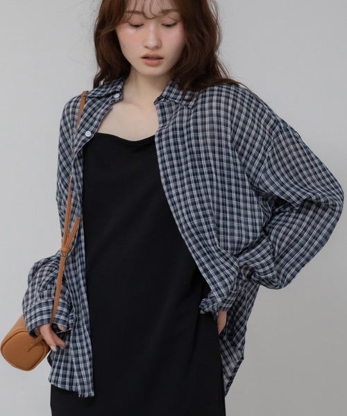 ルーズ長袖チェック柄シャツ オーバーサイズシャツ レディース トップス シャツ ブラウス ロング 長袖 ボリューム袖 Vネック 襟付き ワイド ストレート Iライン ルーズ長袖チェック柄シャツ オーバーサイズシャツ レディース
