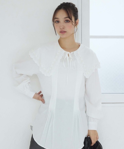 パール 白 ブラウス 長袖　Mサイズ　春秋 r1010048top.jpg