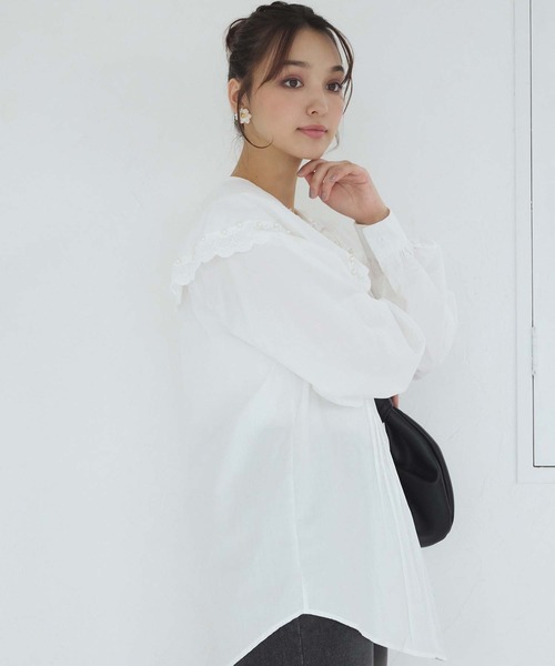 新品 Fit more スカラップ ビッグカラー ウエストタック ブラウス スカラップビッグカラーウエストタックブラウス【宅配便】 | Fit