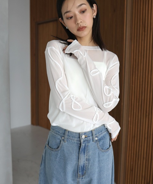 tシャツ (CREOLME)フロントボタンシアートップス レディース セール】(CREOLME)フロントボタンシアートップス（Tシャツ
