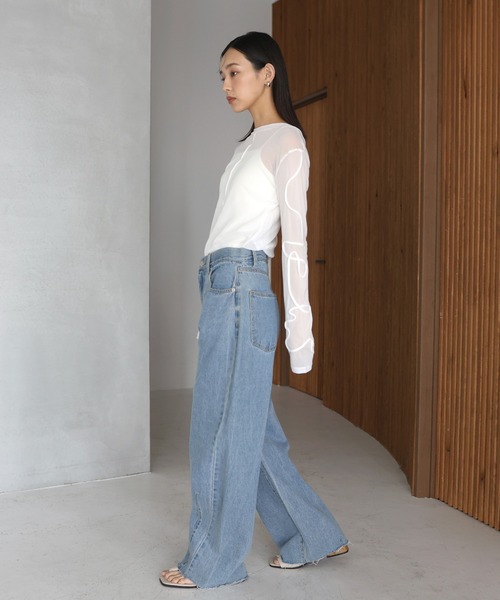 hellam tシャツ コード刺繍スリーブシアートップス レディース