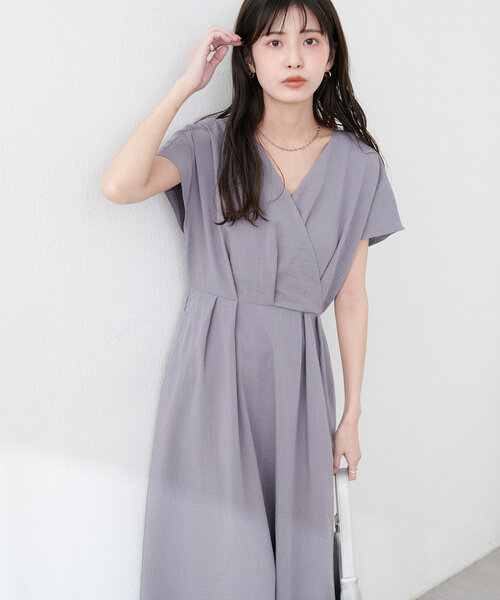 natural couture ワンピース ノーカラーお上品カシュクールワンピース