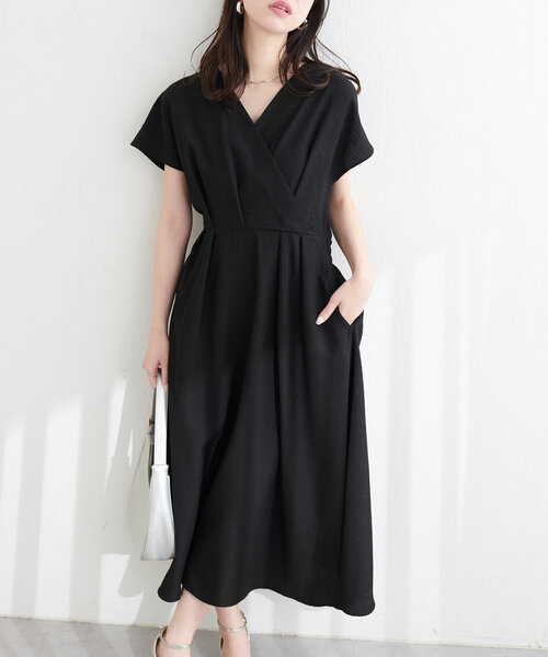 natural couture ワンピース ノーカラーお上品カシュクールワンピース