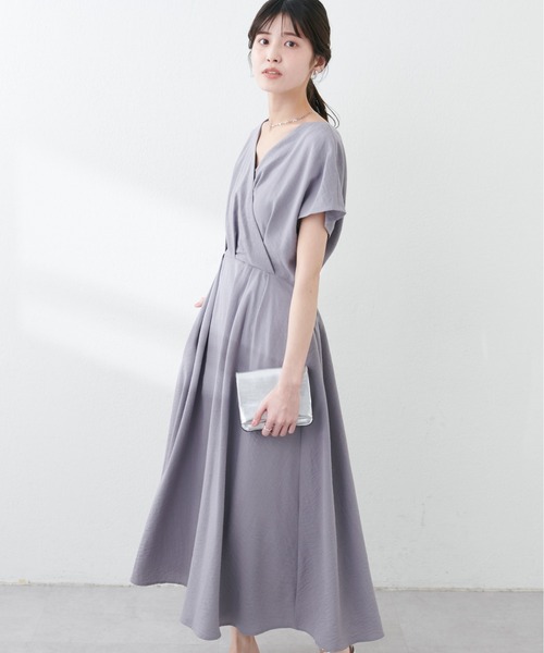 natural couture ワンピース ノーカラーお上品カシュクールワンピース