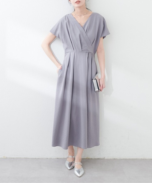 natural couture ワンピース ノーカラーお上品カシュクールワンピース