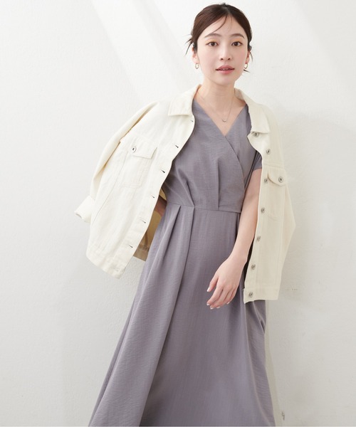 natural couture ワンピース ノーカラーお上品カシュクールワンピース 