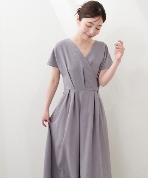 natural couture ワンピース ノーカラーお上品カシュクールワンピース