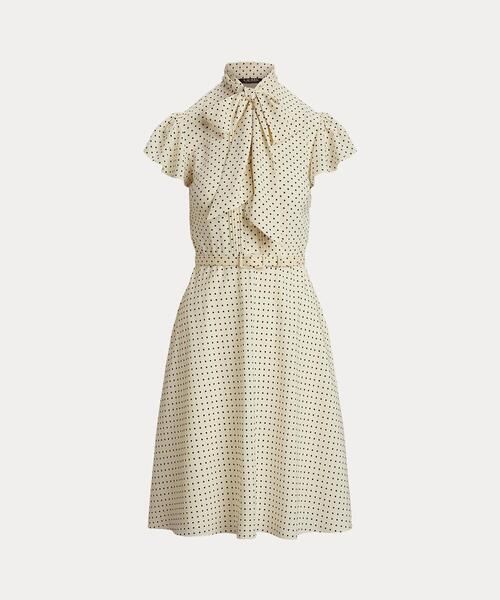 Ralph Lauren ベルト付きケープクレープ ジョーゼット ガウン LAUREN RALPH ワンピース ポルカドット ベルテッド クレープ
