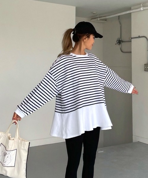 tシャツ 裾フリルチュニックボーダーロングt レディース