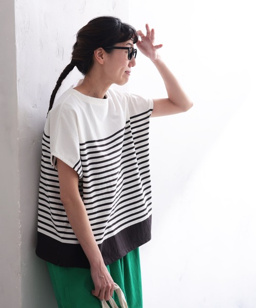 O.W.N 袖あり！なノースリのパネルボーダーカットソー レディース プルオーバー Tシャツ 半袖 フレンチスリーブ 綿 コットン トップス 楽天市場】O.W.N 袖あり！なノースリのパネルボーダーカットソー