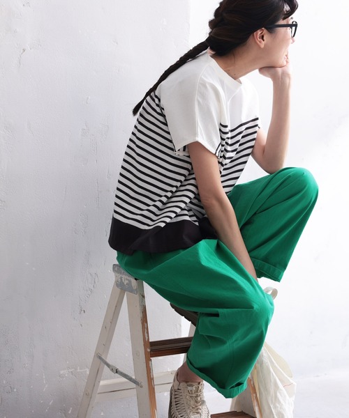 tシャツ パネルボーダースリットカットソー レディース green label relaxing tシャツ 「WEB限定」「at ease」パネル