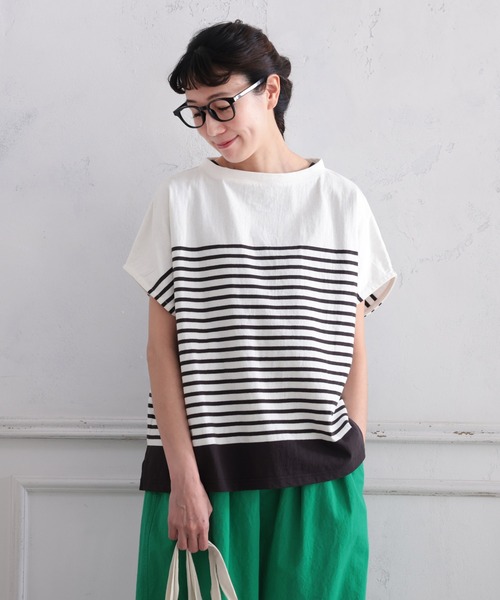 O.W.N 袖あり！なノースリのパネルボーダーカットソー レディース プルオーバー Tシャツ 半袖 フレンチスリーブ 綿 コットン トップス 楽天市場】O.W.N 袖あり！なノースリのパネルボーダーカットソー