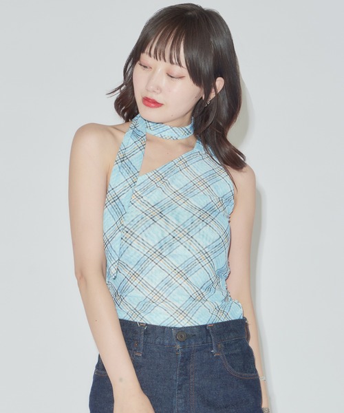 chopovalowenaチェック柄タンクトップ ROOP TOKYO tシャツ ホルターネック チェック柄タンクトップ