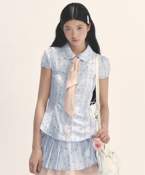 SunsetPark ブラウス シャツ フラワーチェック柄 ペプラムブラウス