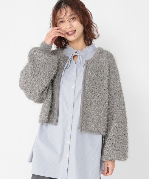 Cohina store シャギーチェック コート COHINA ノーカラーシャギーコート