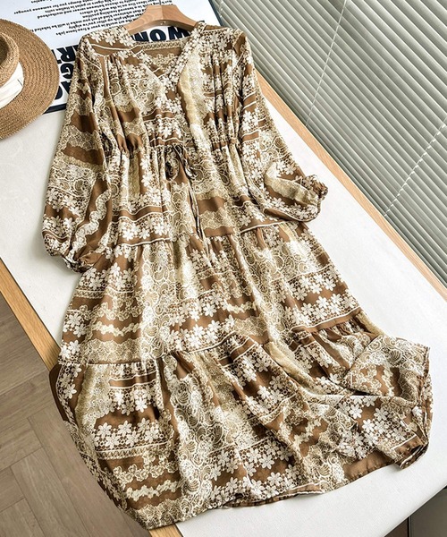 めーたん様[日本製✧︎washiwo]ドット柄 バルーン ワンピース 茶色 シフォンフリル DAY CLOSET ワンピース 「大人っぽ透け感シフォン生地」長袖