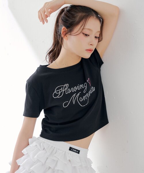 Chico（チコ） tシャツ 半袖 ラインストーンロゴチビT レディース