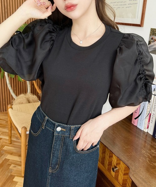トップス ティーシャツ 半袖 パフスリーブ パフ ハーフショルダー M L ラウンドネック トレンド 流行 人気デザイン 外国風 パフスリーブ半袖 Dark Angel トップス レディース 夏 半袖 五分袖 バルーン