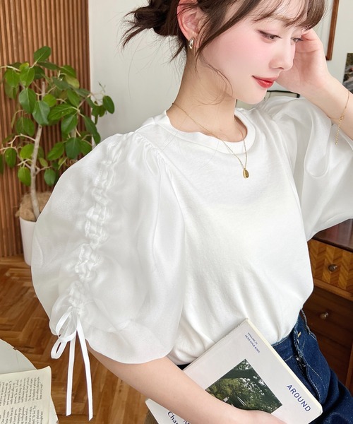 moment+ tシャツ オーガンジードロストパフスリーブ半袖トップス