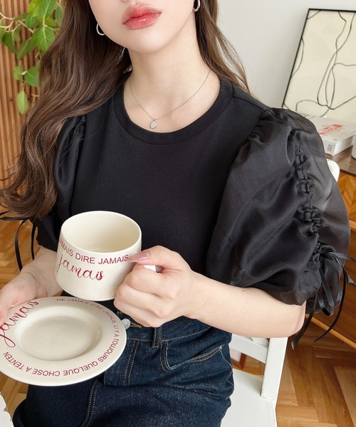 tシャツ パフオーガントップス レディース moment+ tシャツ オーガンジードロストパフスリーブ半袖トップス