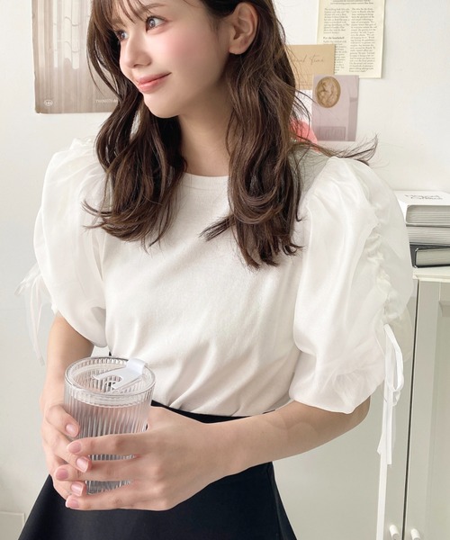 みー　新品　マーロンエノンフィ　オーガンジーパフスリーブトップス　白 新品タグ付 マーロンエノンフィ チェックシアーオーガンジー