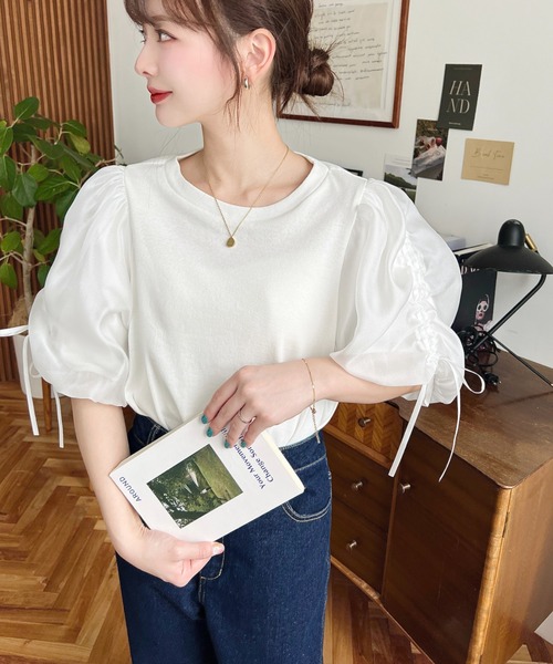 moment+ tシャツ オーガンジードロストパフスリーブ半袖トップス