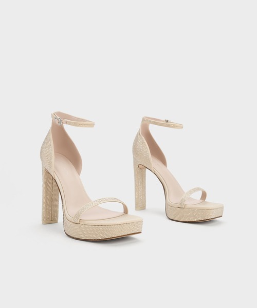 台湾 CHARLES&KEITH クリスタル アンクルスティレットヒール スティレットヒール アンクルストラップサンダル - Black