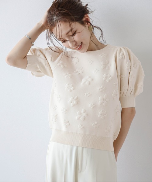 ミュゲブルマリン花柄 ベージュ 半袖Tシャツ パフスリーブ Lajour tシャツ 半袖 パフスリーブサマーニット レディース : ZOZOTOWN
