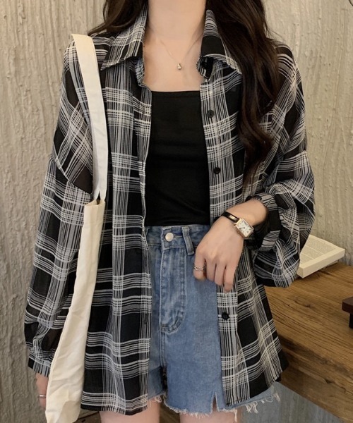 ブラウス シャツ フリルカラーチェック柄シアー半袖ブラウス レディース hinari ブラウス シャツ シアーチェックフリルカラーブラウス