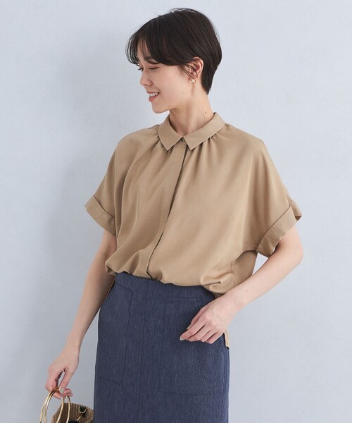 ブラウス シャツ 襟付き ワイド ショートスリーブ シャツ -ウォッシャブル・接触冷感- レディース
