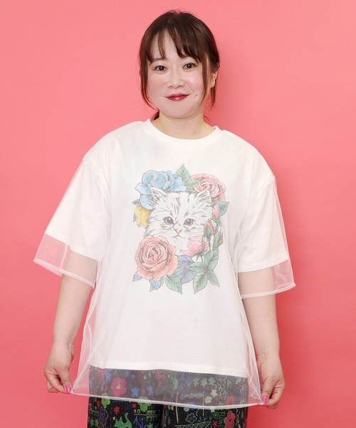 tシャツ 152618：花とネコちゃん柄 チュール重ねプルオーバー レディース