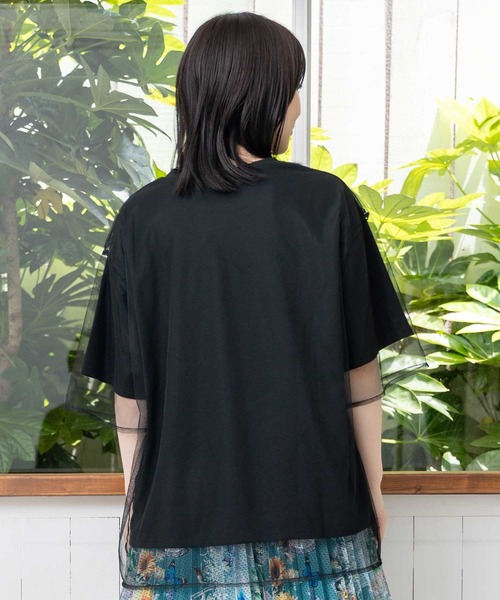 ScoLar tシャツ 152618：花とネコちゃん柄 チュール重ねプル